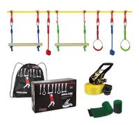 ALPIDEX Ninja Warrior Set Gioco Bambini Slackline Percorso Sospeso Ostacoli Anelli Ginnastica Nodi Corda Altalena Scaletta Accessori, Stil:Basic