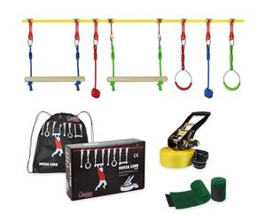 ALPIDEX Ninja Warrior Set Gioco Bambini Slackline Percorso Sospeso Ostacoli Anelli Ginnastica Nodi Corda Altalena Scaletta Accessori, Stil:Basic
