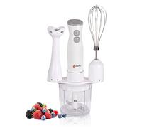 alpina Frullatore a immersione, set con tritacarne, frullatore e frusta - 2 velocità - 250 W - Acciaio inossidabile - Bianco