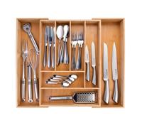 alpina Portaposate da Cassetto - Organizer Casetti Cucina Estensibile 46 x 34-56,5 x 6 cm - Organizzatore Cassetti con 6 a 8 Scomparti - Per Utensili da Cucina, Occhiali da Sole e Altro - Bambù