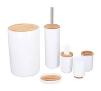 Alpina - Set da bagno e WC, 6 pezzi, con bicchiere, dispenser per sapone, piattino portasapone, contenitore per rifiuti, scopino per WC con supporto, in plastica e bambù