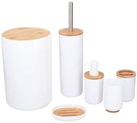 alpina Set da Bagno - Set da Toilette - 6 pezzi - Dispenser per Sapone - Porta Spazzolino da Denti - Spazzola per WC - Cestino - Portasapone - Bicchiere - Bamboo - Bianco