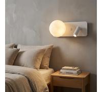 Alpinaluz Applique da parete bianco con sfera 3D stile luna e faretto da lettura LED 3 W 2800 K - doppio interruttore, attacco G9, design moderno in metallo per camera da letto e testiera