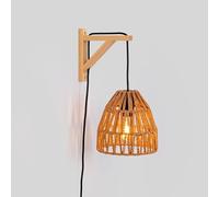 Alpinaluz Applique da parete con cavo, spina e interruttore - Base a Squadra in legno naturale marrone e paralume in corda intrecciata - Attacco E27 per camera da letto, soggiorno o sala da pranzo