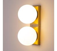 Alpinaluz Applique da parete con doppia sfera in vetro opaco Ø150 mm - Base rettangolare in metallo dorato per camera da letto, corridoio o installazione a soffitto - Attacco E27