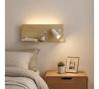 Alpinaluz Applique da Parete con Faretto Destro, Luce LED da Lettura e Ambiente 2700K, USB-C e USB-A, Mensola per Cellulare, Acciaio con Finitura Legno Chiaro, Doppio Interruttore per Camera