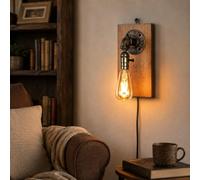 Alpinaluz applique da parete E27 con cavo, spina e interruttore vintage | Base in legno naturale e tubo metallico invecchiato, stile industriale retrò per camera, soggiorno, bar e caffè