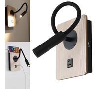 Alpinaluz Applique da parete LED nero 3 W con faretto flessibile, porte di ricarica USB e Type C - effetto legno - interruttore integrato - 2800 K bianco caldo