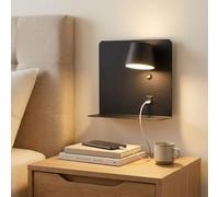 Alpinaluz Applique LED da Parete 6W Orientabile con USB e USB-C, CCT 3000K/4000K/6000K, Mensola Integrata in Acciaio e Faretto in Alluminio, Lampada da Lettura IP20 (Nero - Destra)