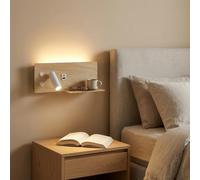 Alpinaluz Applique LED da Parete con Luce di Lettura Orientabile e Luce Ambientale 2700K, Interruttore Doppio, Doppia Porta di Ricarica USB, Mensola, Metallo con Effetto Legno