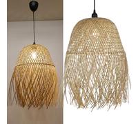 Alpinaluz Lampada a sospensione in vimini naturale, Ø39 cm, design artigianale con frange e bambù, cavo regolabile e fiore nero, ideale per soggiorno, sala da pranzo