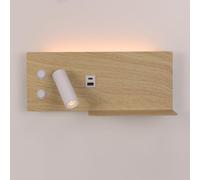 Alpinaluz Lampada da parete effetto legno con porta USB-C e USB-A, luce d'atmosfera LED e faretto orientabile, finitura metallo legno scuro, modello sinistro con ripiano integrato per camera da letto