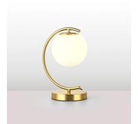 Alpinaluz Lampada da tavolo - Palloncino in vetro opale bianco e base curva in acciaio color oro - Attacco E27 - Illuminazione elegante e decorativa per camera da letto, soggiorno, ufficio