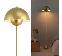 Alpinaluz Lampada da Terra in Metallo con Paralume Bombato - Design Retro Nordico - Luce Indiretta Verso il Basso - E27 - Interruttore a Pedale - Per Salotto e Interni (Oro)