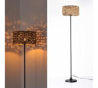 Alpinaluz Lampada da terra - Paralume in rattan naturale vegetale intrecciato a mano Ø33 cm - Stile vintage rustico boho rurale - Base metallica nera - Attacco E27 per soggiorno, camera da letto o