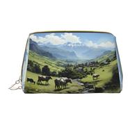 Alpine Farm - Beauty case da donna con mucche, grande capacità, borsa da viaggio in pelle PU con cerniera, organizer portatile e aperto