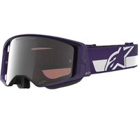 Occhiali da motocross Alpinestars Supertech Vision Hunta96 XXV viola-bianco con plexiglass specchiato argento