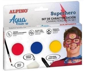 Alpino Aqua Makeup Superhero Makeup Set - 3 contenitori in polvere + cera nera + pennello + spugna