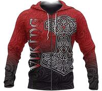 ALPTEC Felpa con cappuccio con cerniera grafica vichinga Pullover rosso norreno Martello di Thor Mjolnir Totem Felpa Pullover Giacca casual streetwear (Color : Zip Hoodies, Size : L)