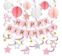 Alrens Striscione a spirale a nido d'ape con stelle rosa e scritta "Happy Birthday"