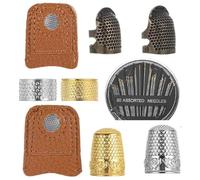 Alriedy Set di 9 dita da cucito - Anelli di alta qualità in metallo e pelle | Protezione per dita regolabile per cucito a mano, ricamo e trapuntatura | Include piastra per puntura e design antiscivolo