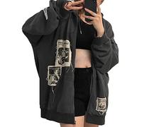 Alt Emo Vestiti Donne Oversize Zip Up Felpe Con Cappuccio Strass Y2k Estetica Scheletro Felpe Grunge Gotico Giacca Streetwear, B, Small