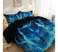Alta qualità Copripiumino microfibra spazzolata 220 x 260 cm, Ipoallergenico e adatto a tutte le stagioni Fantasy Fiamme Fulmini Animali Lupi thème Copripiumini-Con cerniera e federa Nero
