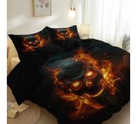 Alta qualità Copripiumino microfibra spazzolata 220 x 260 cm, Ipoallergenico e adatto a tutte le stagioni Dark Fantasy Fiamme Teschi thème Copripiumini-Con cerniera e federa Nero