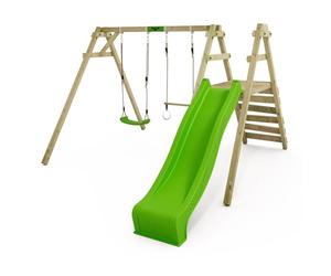 Altalena FATMOOSE JollyJack gioco per bambini con scivolo di colore verde mela e ampliamento per l'arrampicata, altalena doppia in legno da esterno o da giardino
