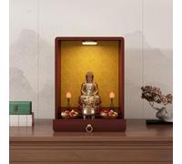Altare Buddista e Tempietto da Parete in Legno Massello con Cassetto | Con Luce LED, Altare per Preghiera, Mensola per Meditazione per Casa, Tempietto Sacro da Muro, Spazio Zen