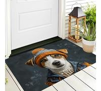 ALTCIRNMD Tappetino Antiscivolo Arancione-Blu Terrier Da Cappello 3D,Benvenuto Interni Ed Esterni Tappeto Dipinto Ad Olio Di Animali,Zerbino Per Porta D'Ingresso Camera Da Letto Soggiorno,70X100Cm