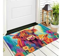 ALTCIRNMD Tappetino Antiscivolo Colore Bovini Delle Highlands Fiorite 3D,Benvenuto Interni Ed Esterni Tappeto Animali Naturali,Zerbino Per Porta D'Ingresso Camera Da Letto Soggiorno,50X80Cm