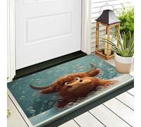 ALTCIRNMD Tappetino Antiscivolo Marrone-Blu Mucca Da Vasca 3D,Benvenuto Interni Ed Esterni Tappeto Animali Dei Cartoni Animati,Zerbino Per Porta D'Ingresso Camera Da Letto Soggiorno,50X80Cm