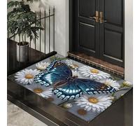 ALTCIRNMD Tappeto D'Ingresso Blu Bianco Farfalla Margherita 3D Arte Realistica Zerbino Antiscivolo 50X80Cm Elegante Tappetino Per Giardino Porta Anteriore E Posteriore Corridoio