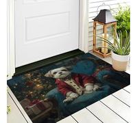 ALTCIRNMD Tappeto D'Ingresso Rosso Blu Cucciolo Di Albero Di Natale 3D Dipinto Ad Olio Di Animali Zerbino Antiscivolo 40X60Cm Elegante Tappetino Per Giardino Porta Anteriore E Posteriore Corridoio