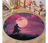 ALTCIRNMD Tappeto Salotto Rotondo 100Cm Samurai Sakura,Decorazioni Per Interni Tappeti Personaggi Degli Anime Stampato In 3D Materassini Scendiletto Soggiorno Grandi Tappetini Gioco,Rosa