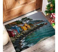 ALTCIRNMD Zerbino Blu Case Sulla Costa 40X60Cm Per Interni, Antiscivolo E Lavabile In Lavatrice, Tappeto Da Ingresso Stile Paesaggi Nordici, Pelo Basso E Antipelo Per Porta D’Ingresso