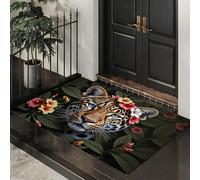 ALTCIRNMD Zerbino Giallo-Verde Leopardo Fiorito 60X90Cm Per Interni,Antiscivolo E Lavabile In Lavatrice,Tappeto Da Ingresso Stile Illustrazioni Tropicali,Pelo Basso E Antipelo Per Porta D’Ingresso