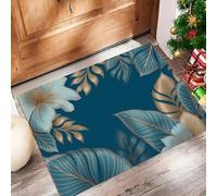 ALTCIRNMD Zerbino Oro Blu Linee Delle Foglie 50X80Cm Per Interni,Antiscivolo E Lavabile In Lavatrice,Tappeto Da Ingresso Stile Elegante Dipinto A Mano,Pelo Basso E Antipelo Per Porta D’Ingresso
