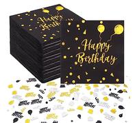 ALTcompluser 60 tovaglioli per compleanno, 33 x 33 cm, colore nero, oro, Happy Birthday Tovaglioli con coriandoli, tovaglioli di carta Napkins per feste di compleanno