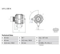 Bosch Alternatore 0 986 049 071 – 150A 14V, puleggia a ruota libera, trifase