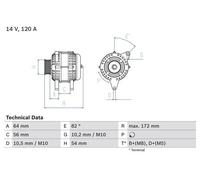 Bosch Alternatore 0 986 046 140 - 120A 14V con puleggia multipla per Opel, Fiat, Chevrolet, Holden