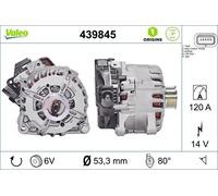 VALEO 439845 Alternatore Amperaggio: 180 Amp Alette: 6 alette Diametro puleggia: 53,3 mm Voltaggio: 14 V Direzione di rotazione: CLOCKWISE