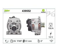 VALEO 439552 Alternatore Amperaggio: 150 Amp Alette: 5 alette Diametro puleggia: 51 mm Voltaggio: 14 V Direzione di rotazione: CLOCKWISE