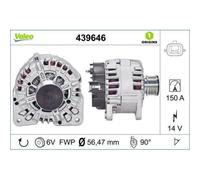 VALEO 439646 Alternatore Amperaggio: 150 Amp Alette: 6 alette Diametro puleggia: 56 mm Voltaggio: 14 V Direzione di rotazione: CLOCKWISE