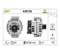VALEO 439738 Alternatore Amperaggio: 180 Amp Alette: 6 alette Diametro puleggia: 51 mm Voltaggio: 14 V Direzione di rotazione: CLOCKWISE