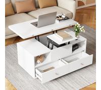 Altezza regolabile 100 x 50 x 47,5 cm, tavolino con funzione pieghevole e 4 cassetti, un grande e uno piccolo tavolo idraulico da soggiorno mobile con ruote universali, tavolino da divano, bianco