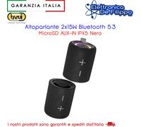 Trevi XSC 8A88 B Cassa Wireless Portatile 2x15W Stereo con Woofer Passivi, IPX5 Impermeabile, Lettore MP3 Micro SD, AUX-IN, Disco Light e Speaker Separabili, Nero
