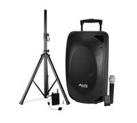 Altoparlante Pro portatile 2 x 8" 400/800 W - Audio Club MOOV28 - USB BT Line FM - Batteria - Micros UHF + supporto PIED