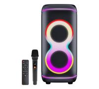 Denver BPS-370 - Altoparlante Bluetooth per feste, 100 W RMS, effetto luce LED RGB con microfono e telecomando, accoppiamento TWS stereo, batteria, protezione impermeabile IPX4, woofer 2 x 6,5", USB